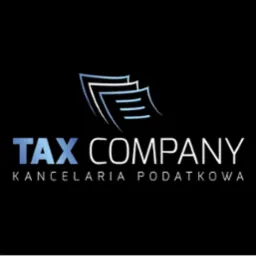 Logo firmy 'TAX COMPANY Kancelaria Podatkowa' z Piastowa, przedstawiające stylizowane, biało-niebieskie dokumenty na czarnym tle.
