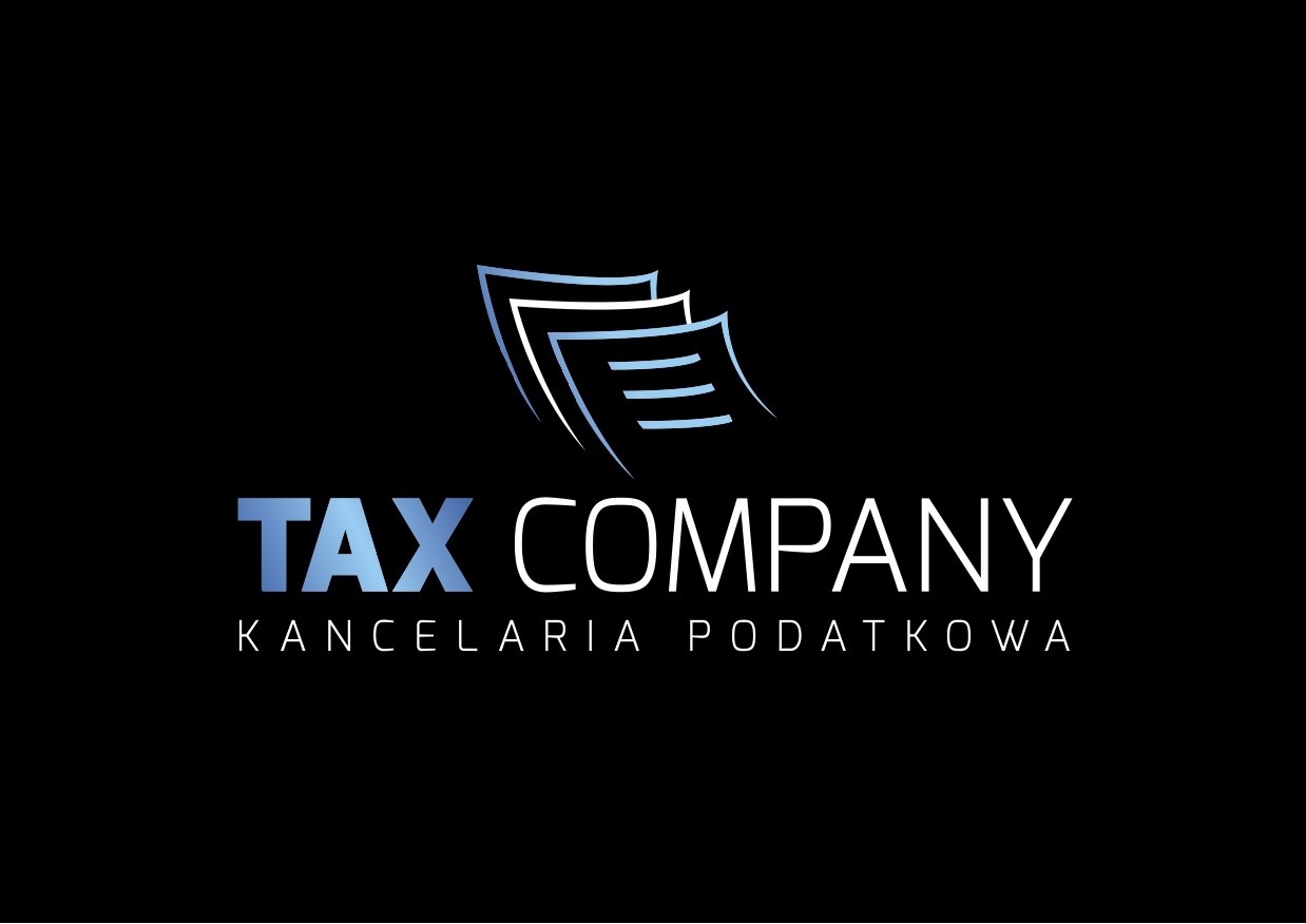 Logo firmy 'TAX COMPANY Kancelaria Podatkowa' z Piastowa, przedstawiające stylizowane, biało-niebieskie dokumenty na czarnym tle.