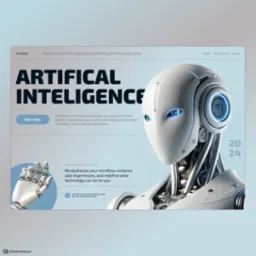 Strona internetowa z motywem sztucznej inteligencji, prezentująca futurystycznego robota na jasnoniebieskim tle, oferująca darmowy okres próbny we Wrocławiu.