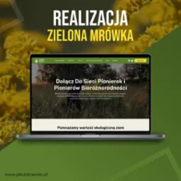 Laptop MacBook Pro prezentujący stronę internetową firmy Zielona Mrówka z hasłem 'Dołącz Do Sieci Pionierek i Pionierów Bioróżnorodności' na tle zielono-żółtej grafiki z napisem 'REALIZACJA ZIELONA...