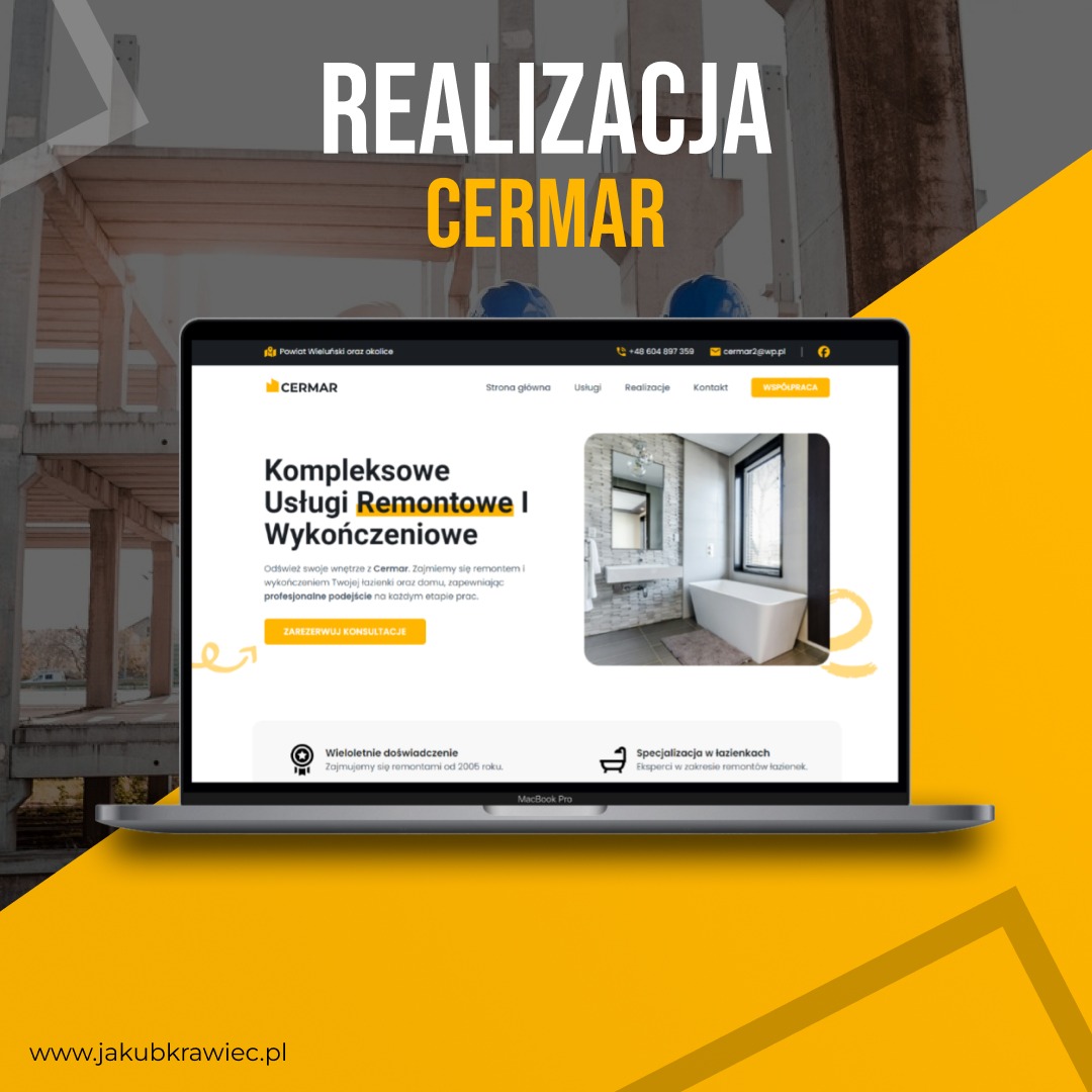 Laptop MacBook Pro wyświetlający stronę internetową firmy Cermar z ofertą kompleksowych usług remontowych i wykończeniowych, ze szczególnym uwzględnieniem remontów łazienek, na tle surowej...