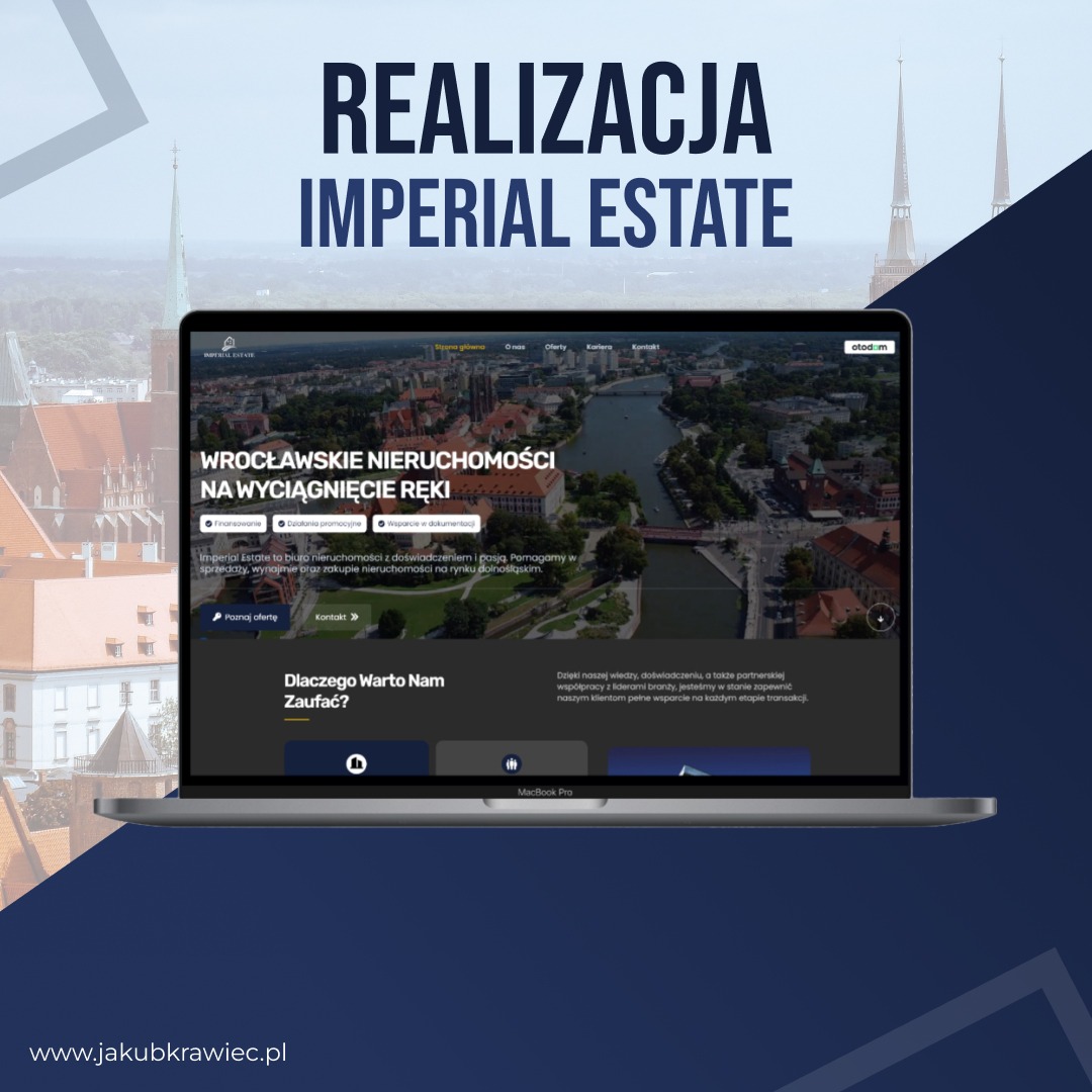 Laptop MacBook Pro wyświetlający stronę internetową Imperial Estate z panoramą Wrocławia w tle, nad napisem 'Wrocławskie nieruchomości na wyciągnięcie ręki'.