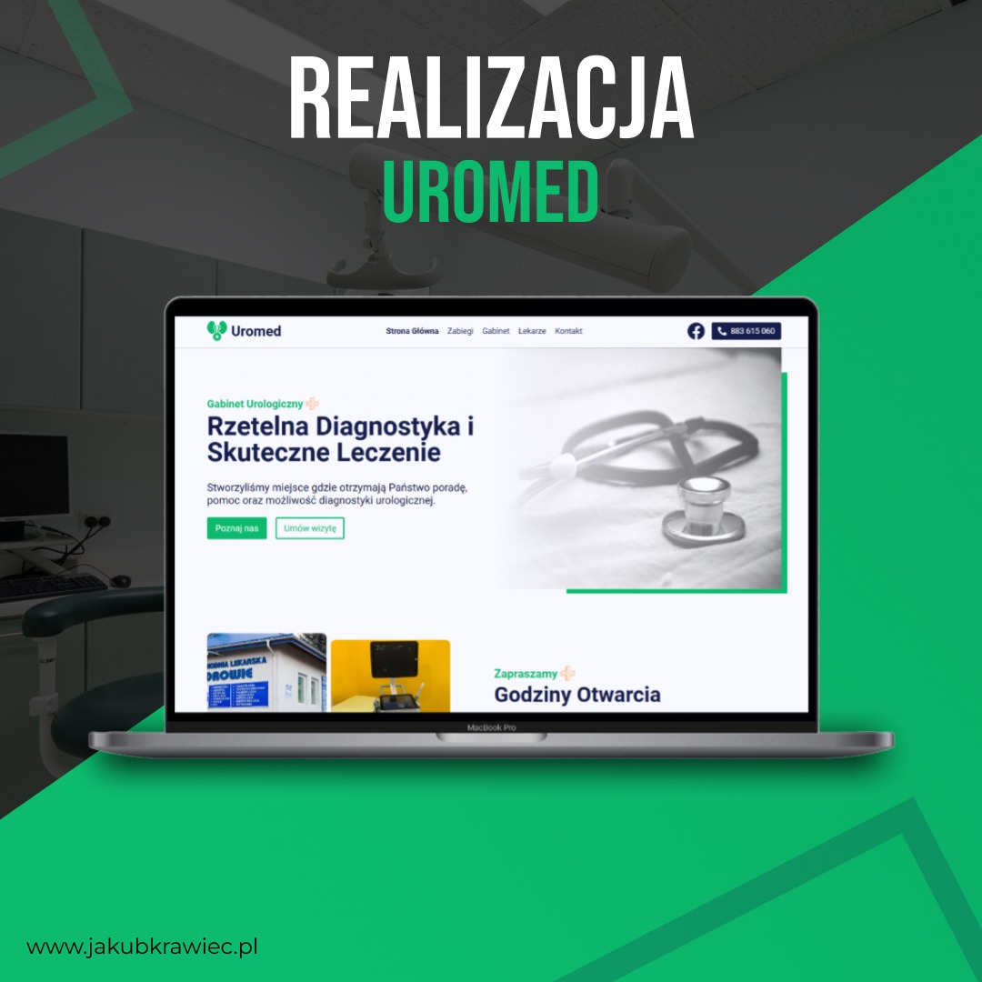 Ekran laptopa MacBook Pro wyświetlający stronę internetową gabinetu urologicznego Uromed z hasłem 'Rzetelna Diagnostyka i Skuteczne Leczenie', obok widoczne zdjęcia budynku i gabinetu.