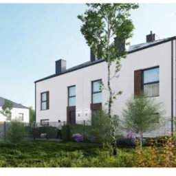 Wizualizacja szeregu nowoczesnych domów jednorodzinnych z płaskimi dachami, białymi elewacjami i ciemnymi ramami okiennymi, otoczonych zielenią i niskim ogrodzeniem.