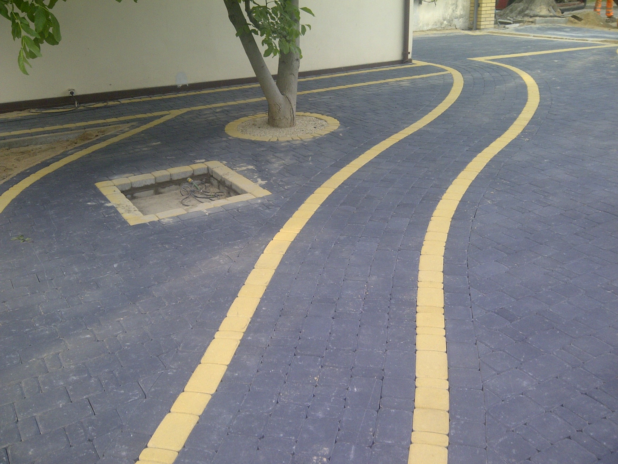 Ułożona, ciemnoszara kostka brukowa z żółtymi pasami wyznaczającymi ścieżkę, obudowa drzewa i kwadratowa studzienka z instalacją w tle.