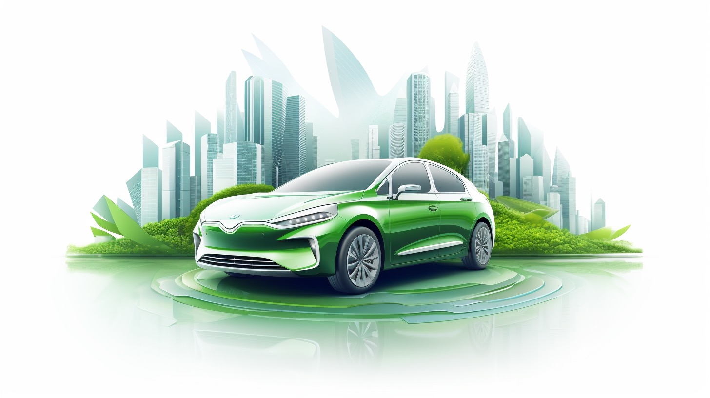 Ilustracja przedstawia zielony, elektryczny samochód osobowy na tle stylizowanego, futurystycznego miasta z elementami zieleni.