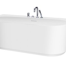 Fotograf - Wolnostojąca wanna o zaokrąglonym kształcie, z chromowaną armaturą i słuchawką prysznicową, na białym tle.