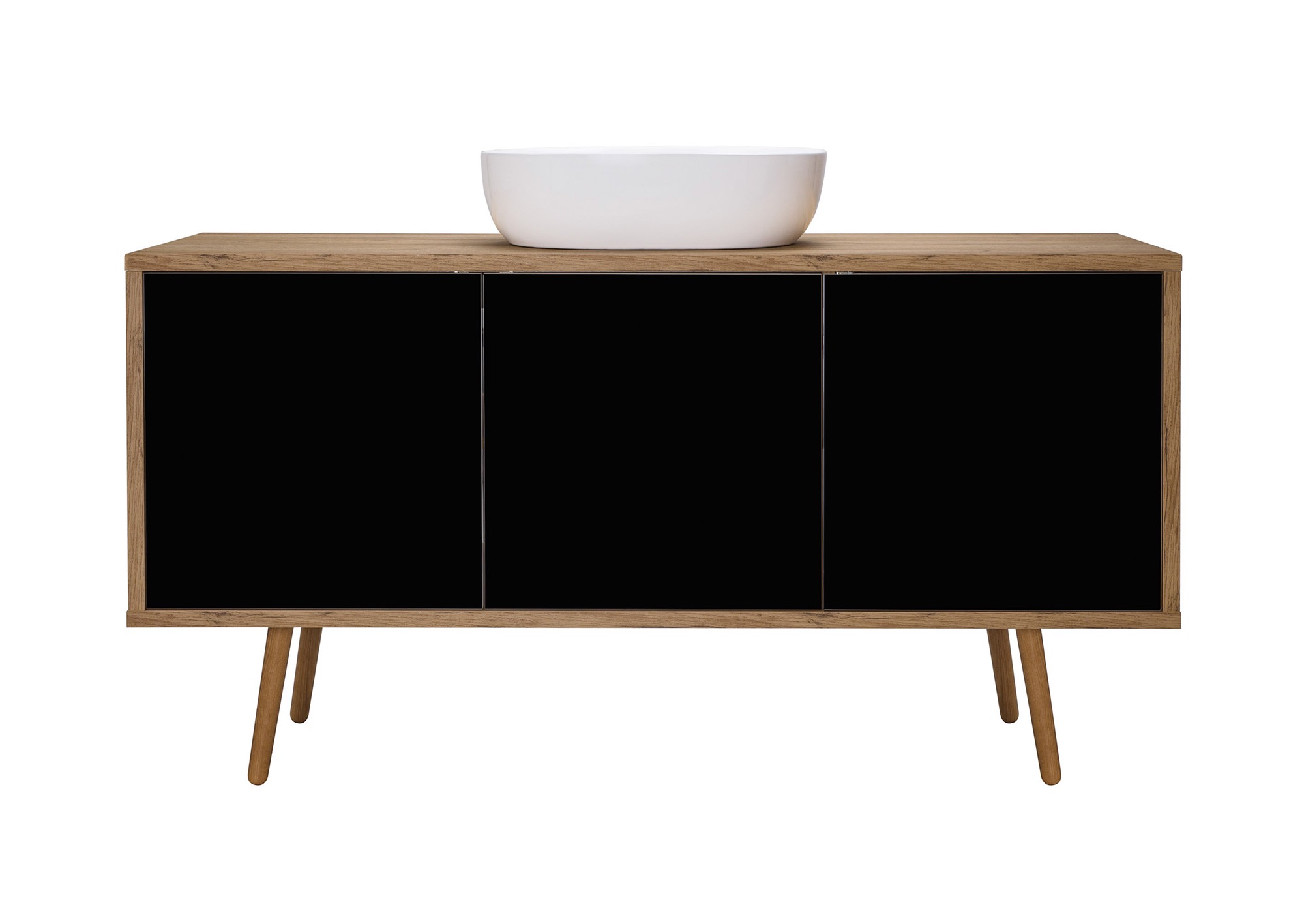 Szafka łazienkowa z trzema czarnymi frontami i umywalką nablatową o owalnym kształcie, na drewnianych nóżkach, na białym tle.