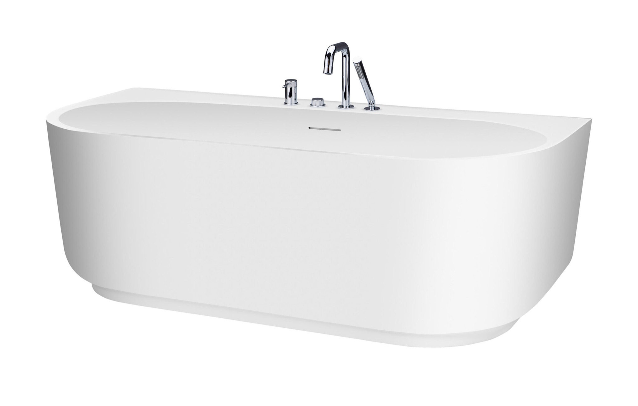 Wolnostojąca wanna o zaokrąglonym kształcie, z chromowaną armaturą i słuchawką prysznicową, na białym tle.
