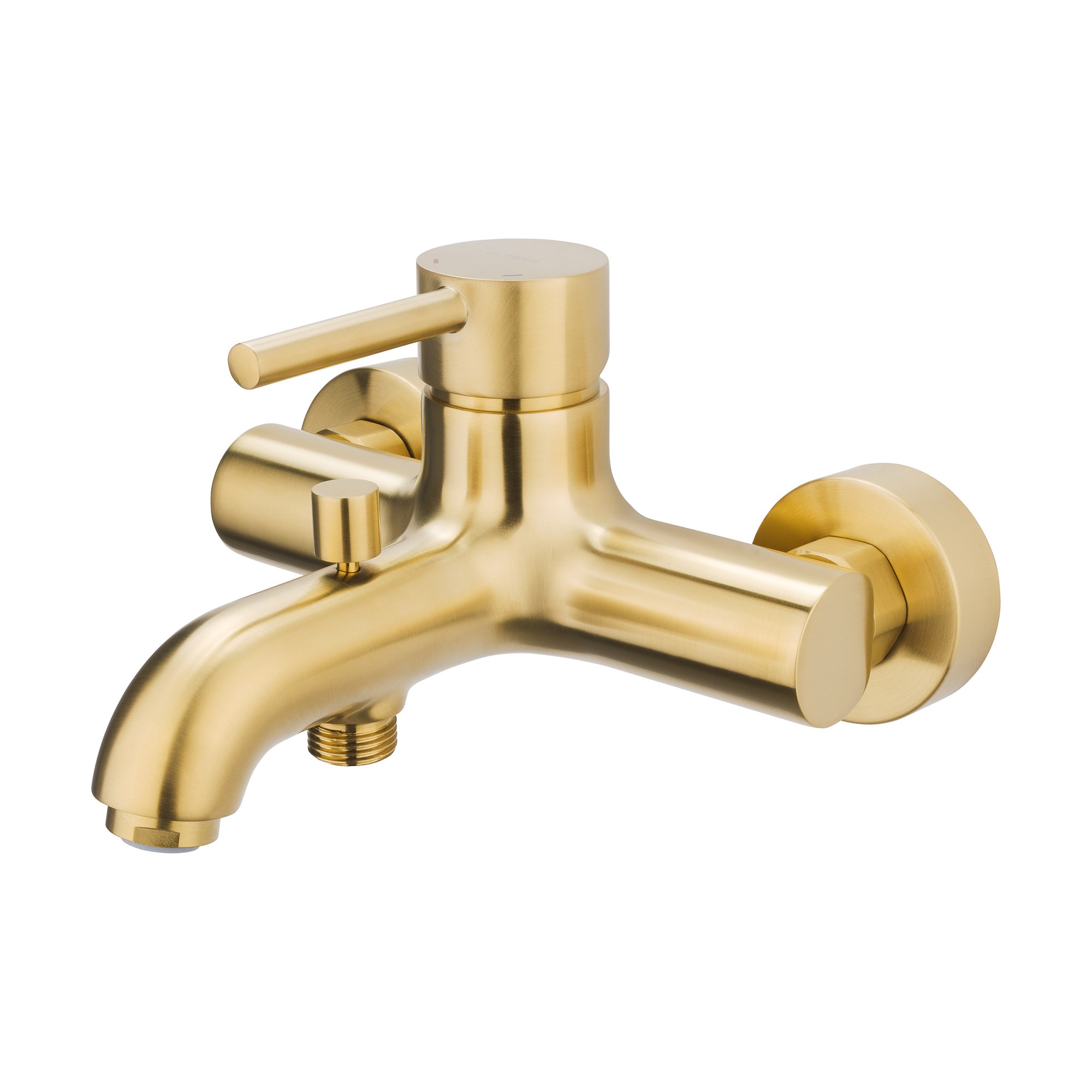 Złota bateria wannowa z dwoma kurkami i wylewką, widok z przodu na białym tle, prezentacja produktu.