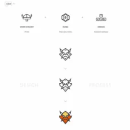 Schemat procesu projektowania logo: hełm wikinga, runy, strzałki, przekształcane w minimalistyczną ikonę w stylu wikingów, z ostateczną wersją w kolorze pomarańczowo-żółtym.