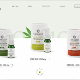 Zdjęcie prezentuje trzy zestawy produktów Cannateo: CBD Oil 500mg, 1000mg i 1500mg, każdy składający się z butelki z atomizerem i opakowania, umieszczone na białym tle z delikatnym, zielonym...