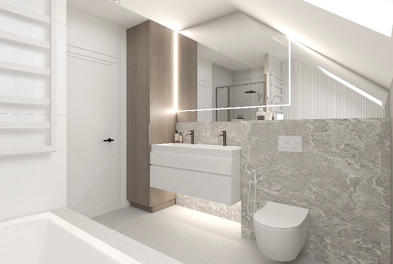 Nowoczesna łazienka na poddaszu z marmurową ścianą, podwieszaną szafką z umywalkami i oświetleniem LED. W lustrze odbija się kabina prysznicowa.