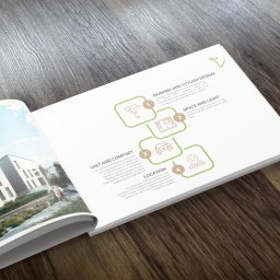 A2 studio - Otwarta książka prezentuje wizualizację nowoczesnego osiedla domów jednorodzinnych z opisami cech: przestrzeń, komfort, lokalizacja i design w stylu kanadyjskim.