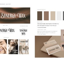 A2 studio - Mini brand guide dla Synergy Max Professional Nail Art przedstawiający logo w różnych wariantach, paletę kolorów, typografię, moodboard ze zdjęciami uśmiechniętej kobiety i wnętrza salonu...