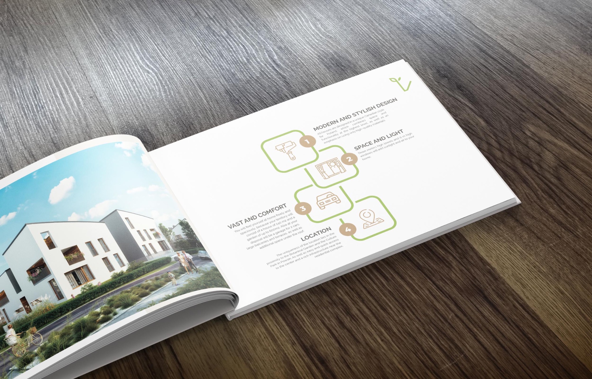 Otwarta książka prezentuje wizualizację nowoczesnego osiedla domów jednorodzinnych z opisami cech: przestrzeń, komfort, lokalizacja i design w stylu kanadyjskim.