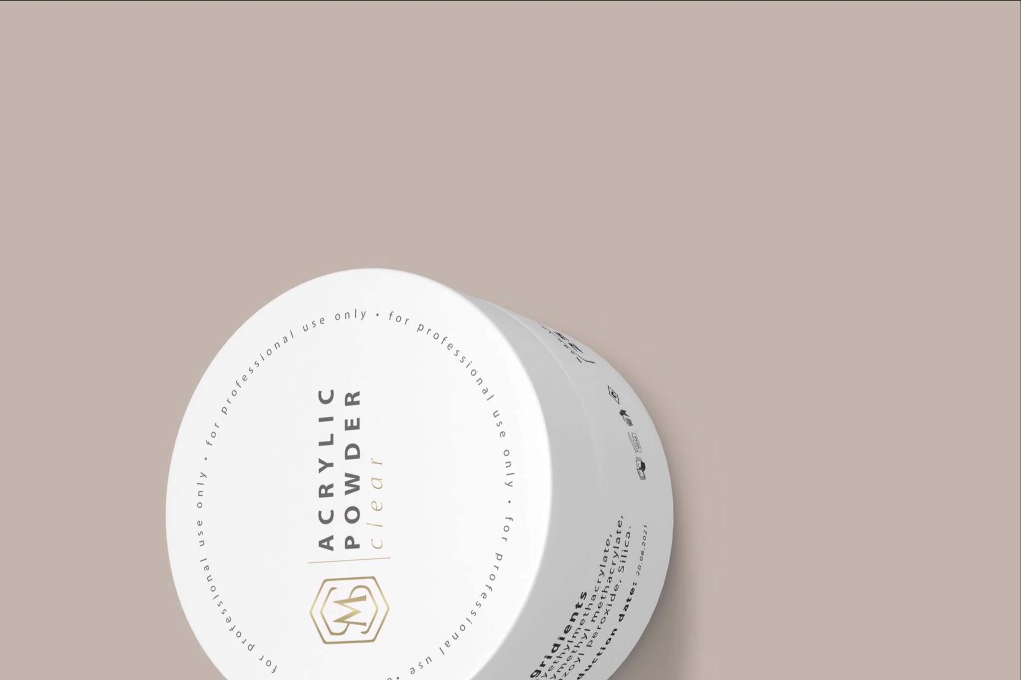 Białe opakowanie akrylowego proszku do paznokci z widocznym logo i informacjami o składzie na beżowym tle.