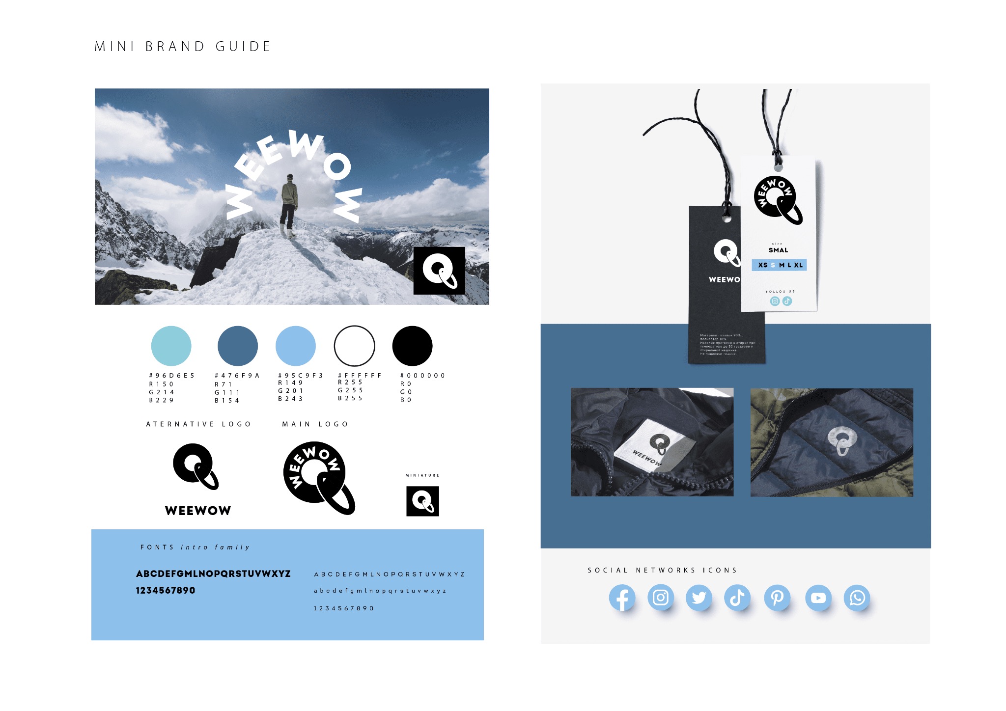 Mini brand guide prezentujący logo, kolorystykę, typografię i ikony mediów społecznościowych marki odzieżowej Weewow, z wizualizacją logo na tle górskiego krajobrazu oraz na metkach i odzieży.