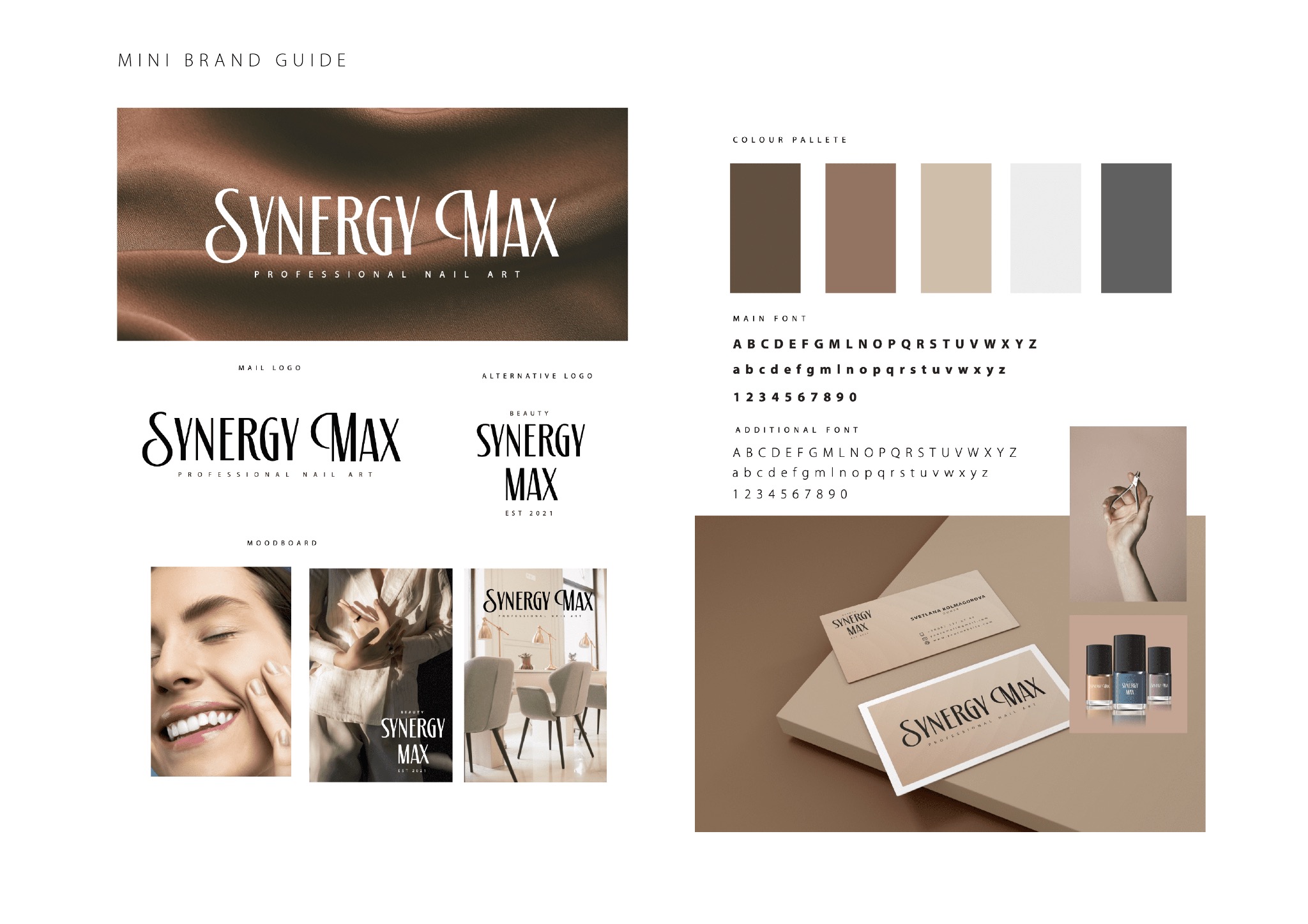 Mini brand guide dla Synergy Max Professional Nail Art przedstawiający logo w różnych wariantach, paletę kolorów, typografię, moodboard ze zdjęciami uśmiechniętej kobiety i wnętrza salonu...