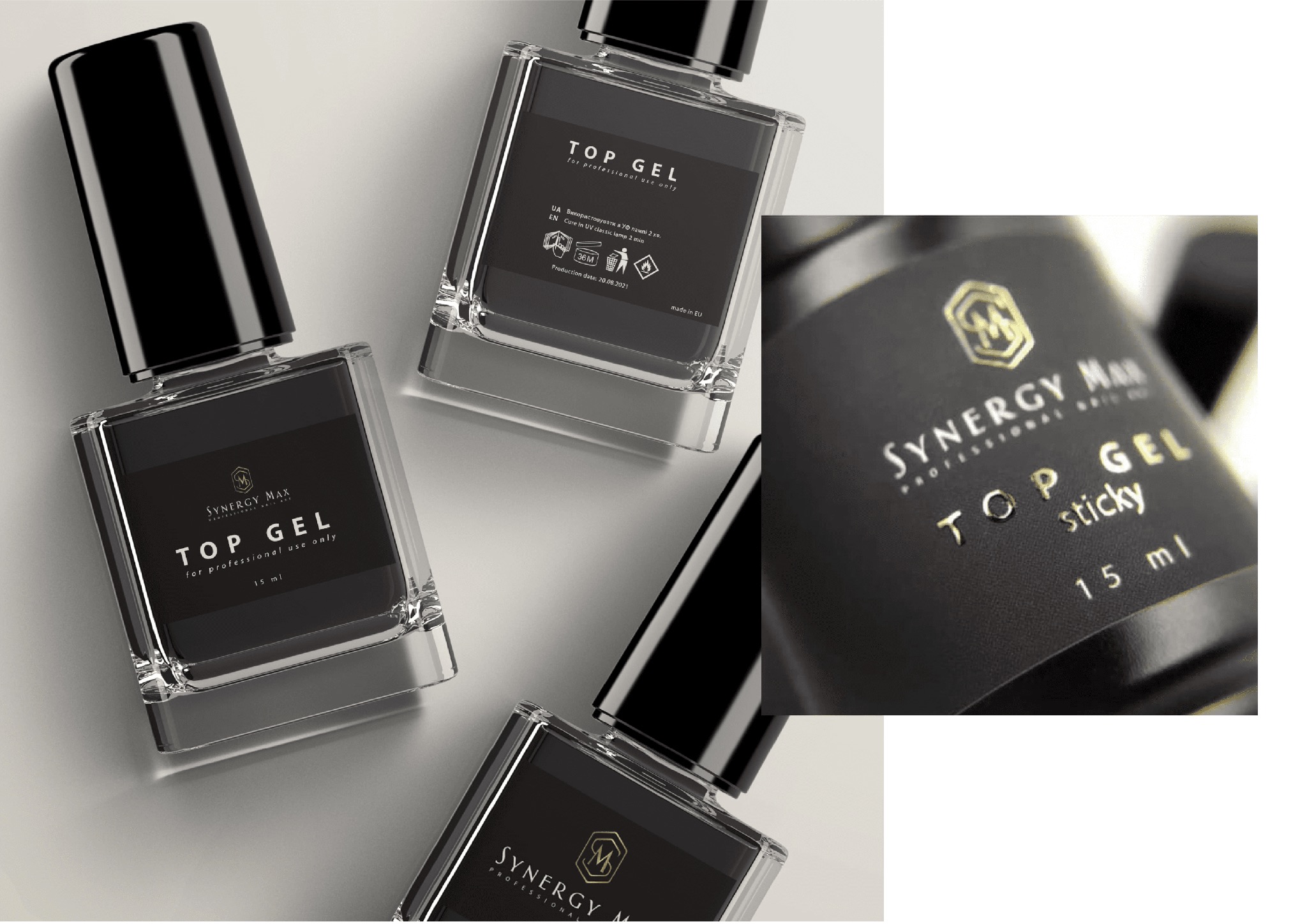 Dwa flakony przezroczystego żelu do paznokci na jasnym tle, z czarnymi etykietami i zakrętkami. Na etykietach złote napisy z nazwą marki i produktu. Powiększony fragment etykiety prezentuje...