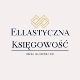 Logo biura rachunkowego: 'Ellastyczna Księgowość', z geometrycznym symbolem w kolorze złotym nad nazwą, pod nazwą napis 'Biuro Rachunkowe'.