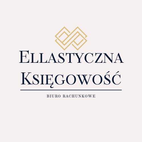 Logo biura rachunkowego: 'Ellastyczna Księgowość', z geometrycznym symbolem w kolorze złotym nad nazwą, pod nazwą napis 'Biuro Rachunkowe'.