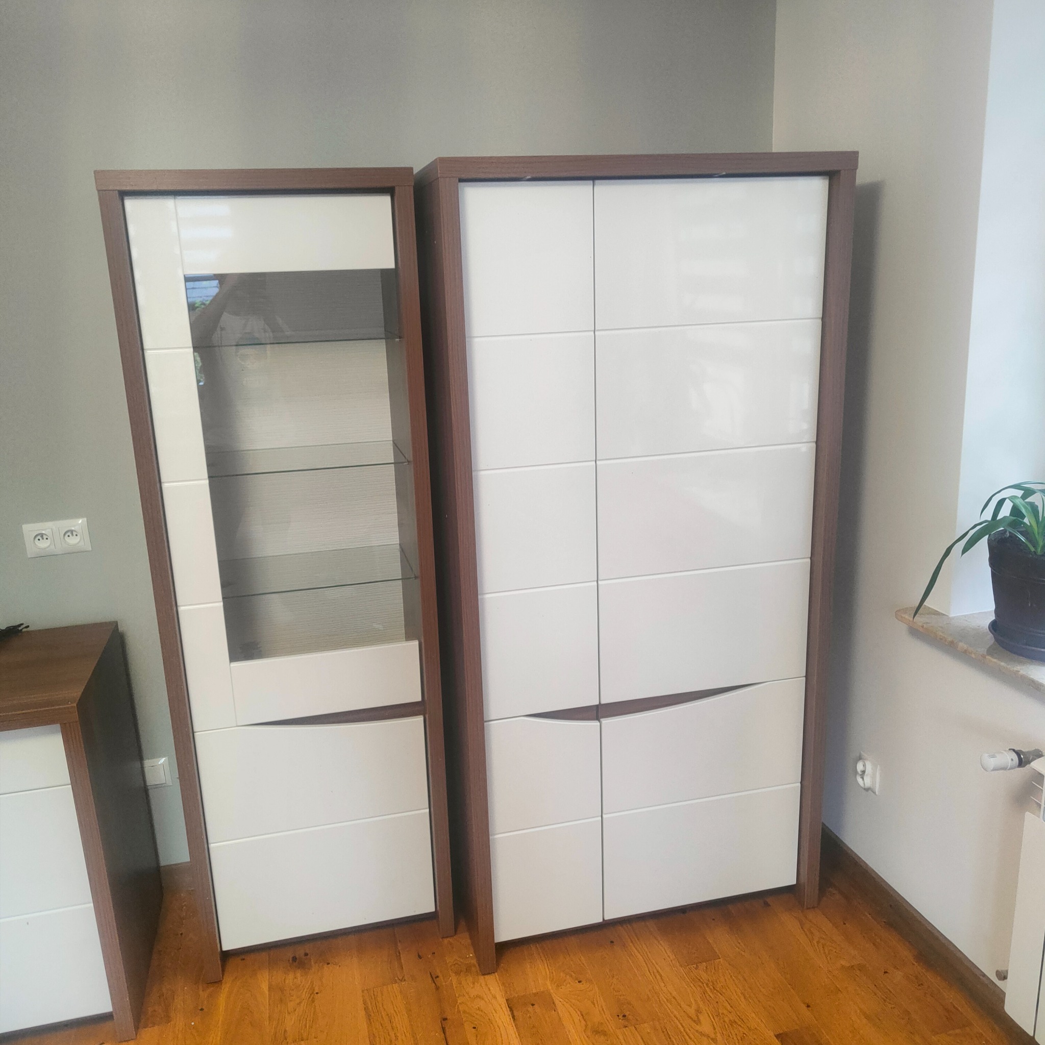 Dwie szafy stojące obok siebie: jedna z przeszklonymi półkami, druga z pełnymi drzwiczkami, obie w kolorze białym z brązowymi obramowaniami, na tle drewnianej podłogi i jasnej ściany.