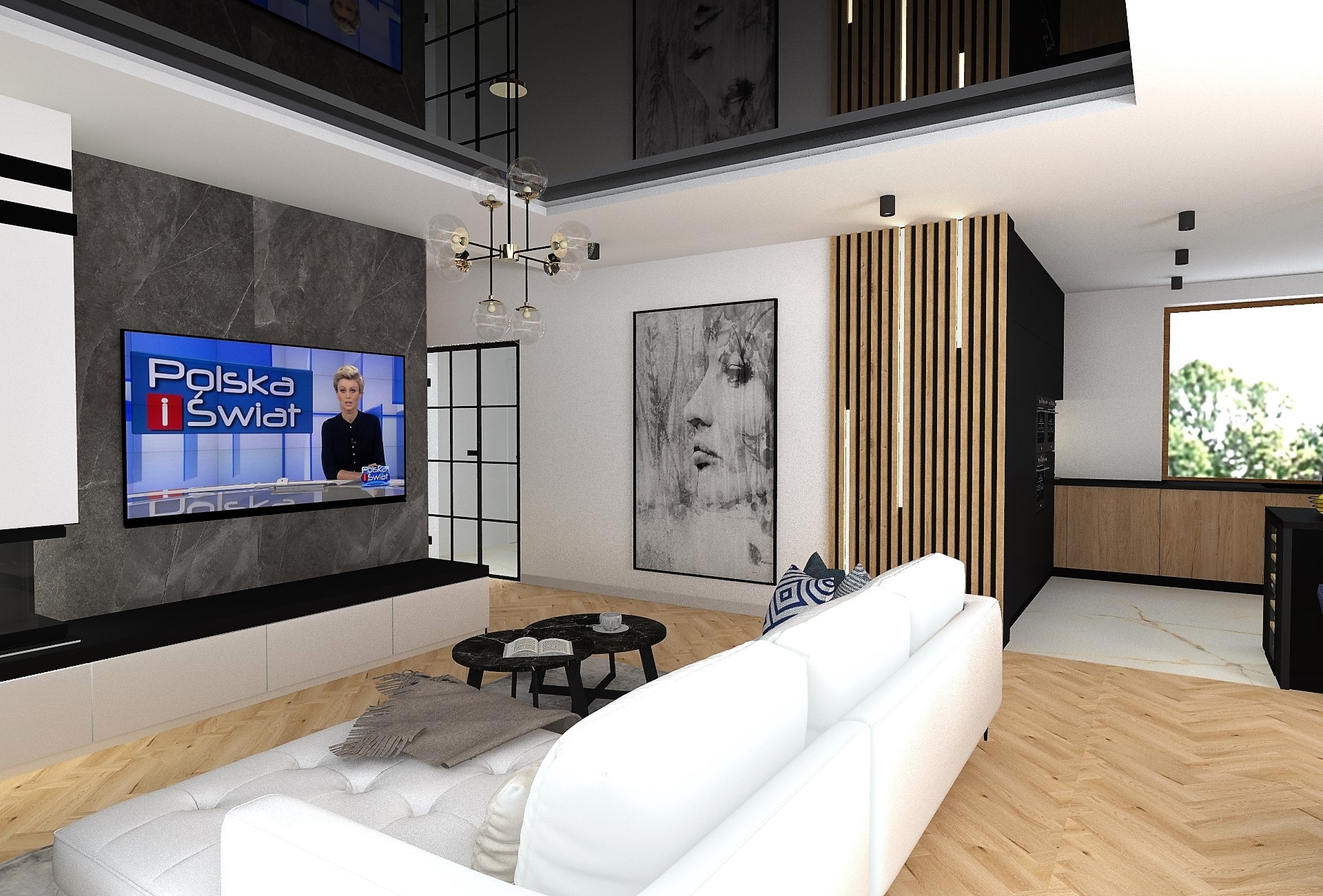 Wizualizacja nowoczesnego salonu z telewizorem z marmurową ścianą, białym narożnikiem i drewnianą podłogą w jodełkę.