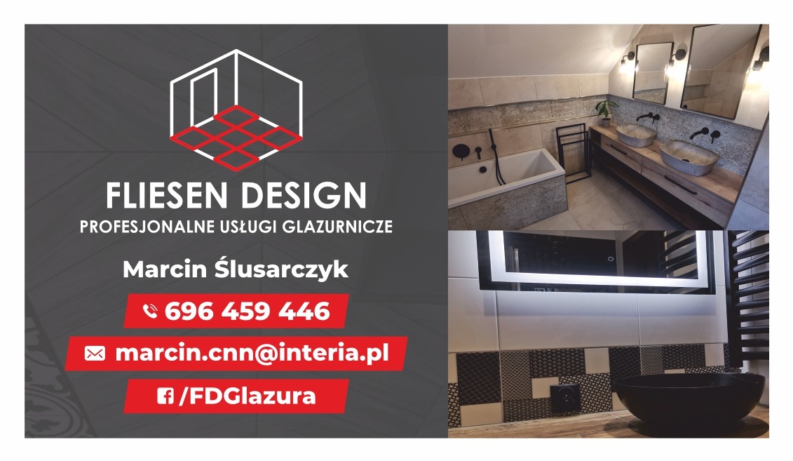 Karta wizytowa firmy Fliesen Design z przykładami aranżacji łazienki: wanna obudowana płytkami imitującymi beton, umywalki nablatowe w szarej tonacji na drewnianej szafce, czarne baterie, lustro...