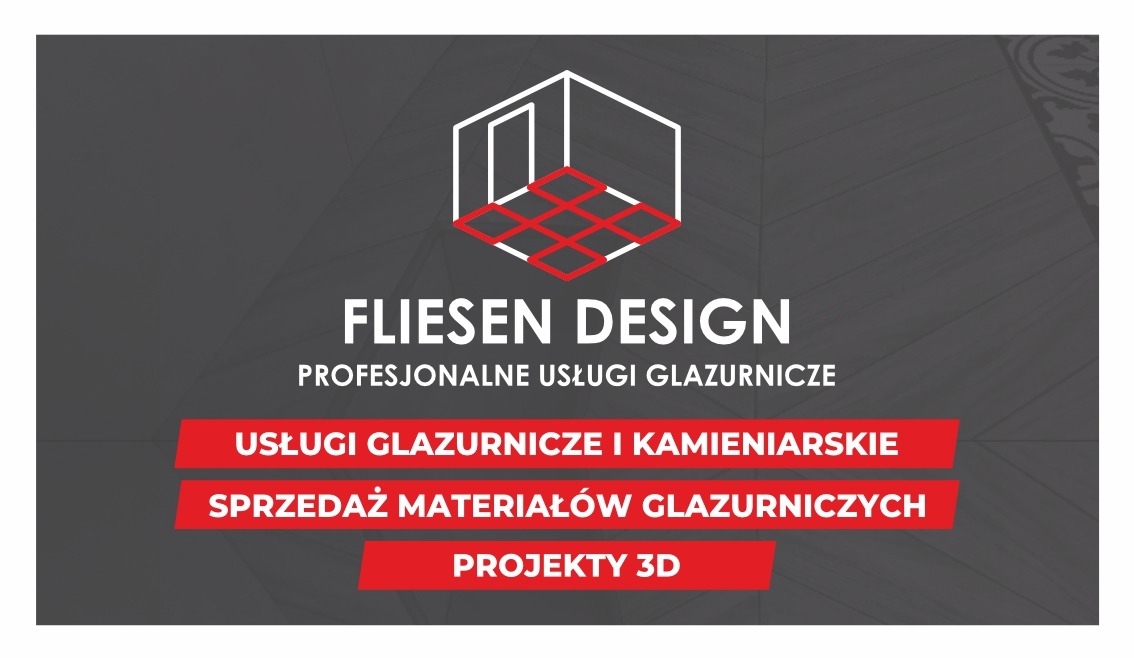 Grafika reklamowa firmy Fliesen Design z wizualizacją pomieszczenia z ułożonymi płytkami, oferującej profesjonalne usługi glazurnicze, kamieniarskie, sprzedaż materiałów glazurniczych oraz projekty...