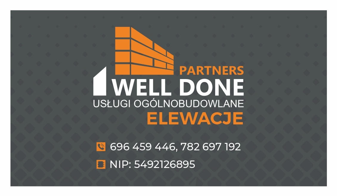 Wizytówka firmy budowlanej Well Done Partners z pomarańczowym motywem muru ceglanego w logo, oferującej usługi ogólnobudowlane i elewacje, z numerami telefonów i NIP.