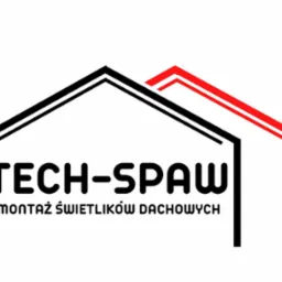 Logo firmy Tech-Spaw specjalizującej się w montażu świetlików dachowych, z graficznym symbolem domu w kolorach czarnym i czerwonym.