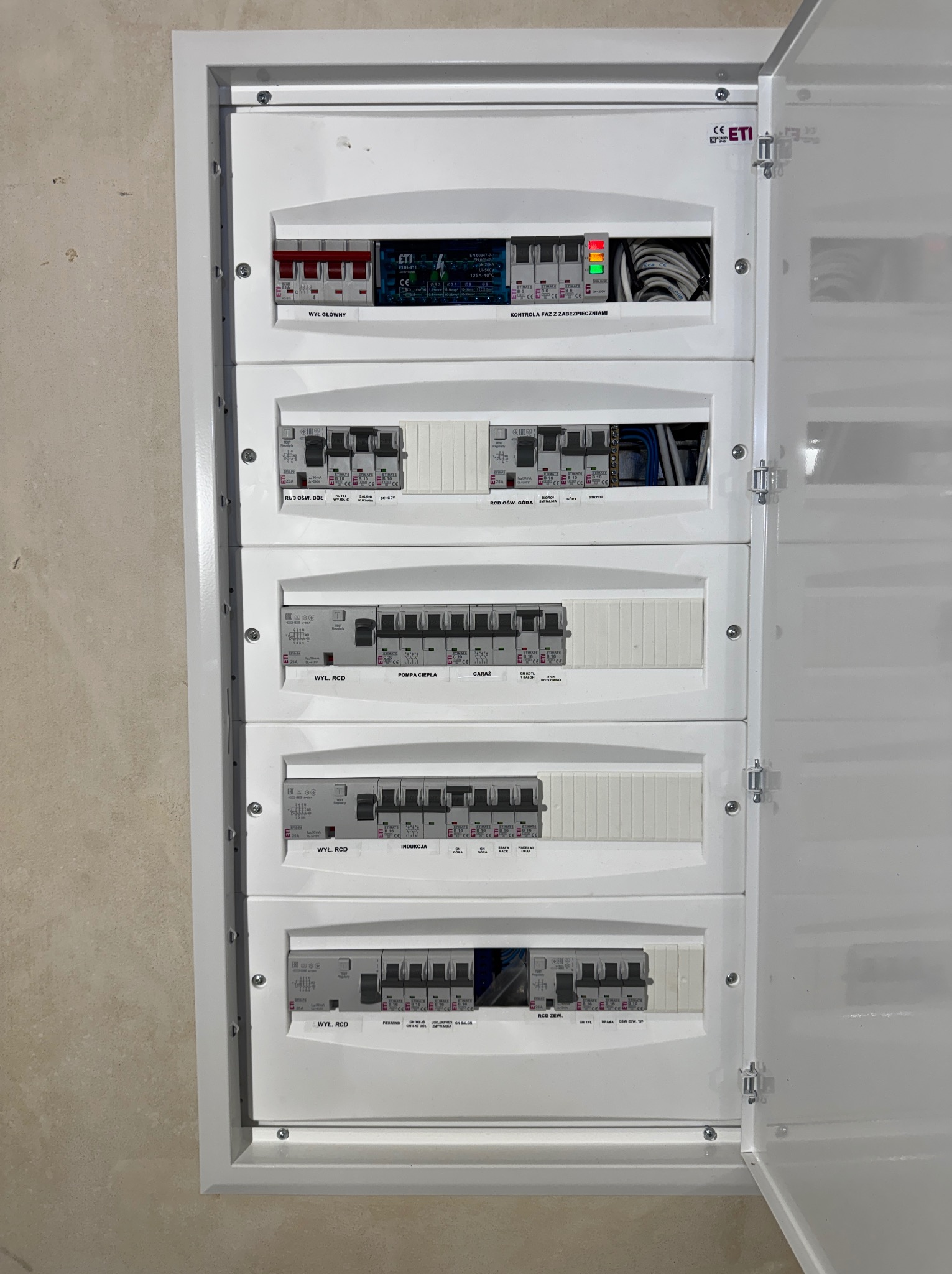 Rozdzielnica elektryczna ETI z widocznymi bezpiecznikami i oznaczeniami obwodów, częściowo otwarta, zamontowana na ścianie. Widoczne kable i elementy instalacji.