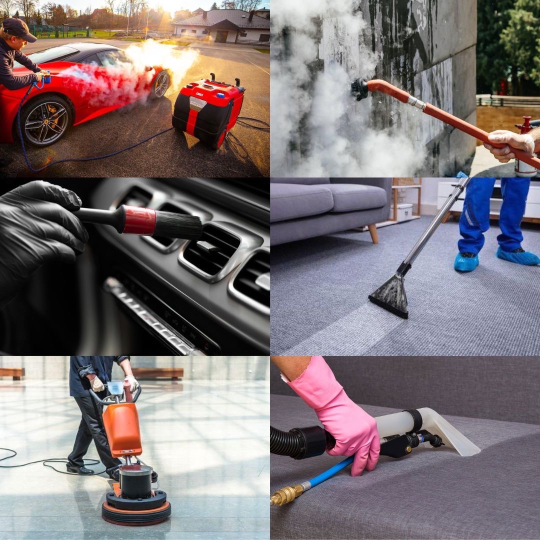Kompozycja zdjęć przedstawiająca różne usługi czyszczenia: czyszczenie parowe samochodu, czyszczenie parowe ściany, detale czyszczenia wnętrza samochodu, czyszczenie dywanu, czyszczenie podłogi...