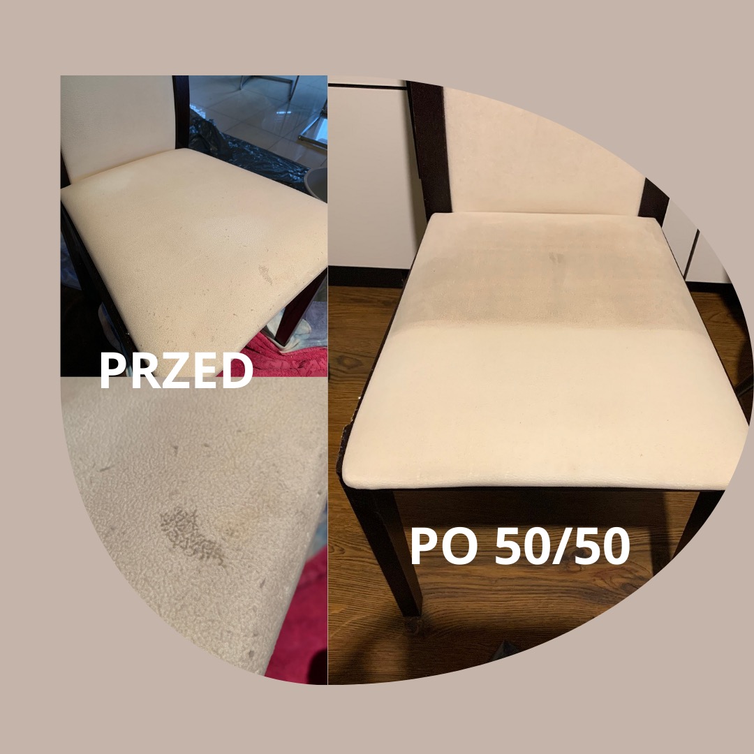Krzesło tapicerowane w ujęciu przed i po czyszczeniu, widoczne różnice w wyglądzie tapicerki.