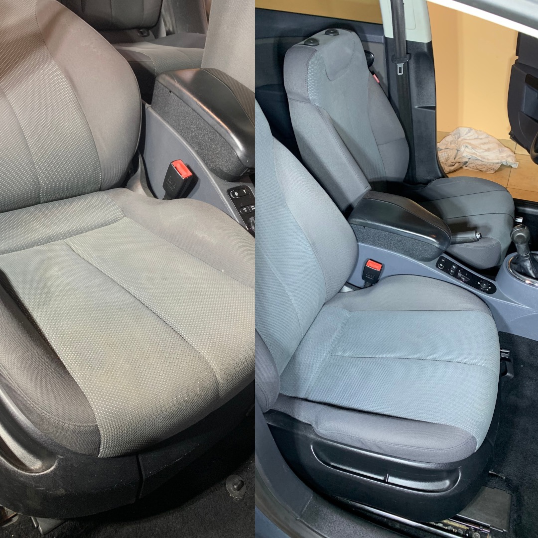 Porównanie fotela samochodowego przed i po czyszczeniu tapicerki, widoczna wyraźna różnica w odcieniu i czystości materiału.