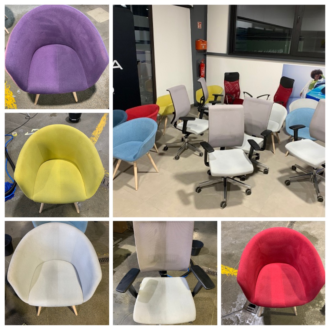 Kolaż zdjęć przedstawiających kolorowe krzesła tapicerowane: fioletowe, żółte, czerwone, białe, niebieskie oraz biurowe krzesła na kółkach w pomieszczeniu, po czyszczeniu.