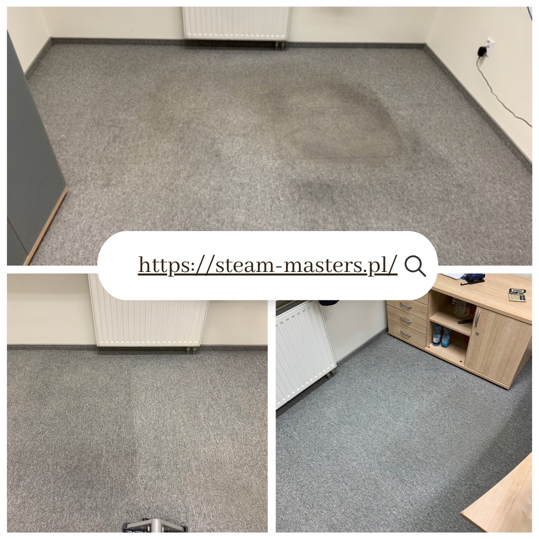 Szary dywan w biurze częściowo wyczyszczony, widoczna różnica w odcieniu przed i po czyszczeniu, grzejnik na ścianie, biurko w rogu.