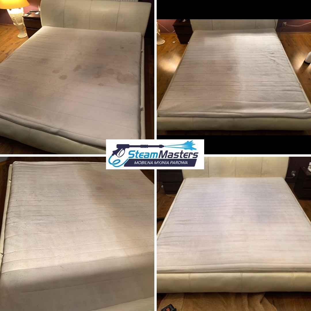 Kolaż czterech zdjęć materaca przed i po czyszczeniu z widocznymi plamami i przebarwieniami oraz efektem po czyszczeniu, uzyskane przez firmę SteamMasters.