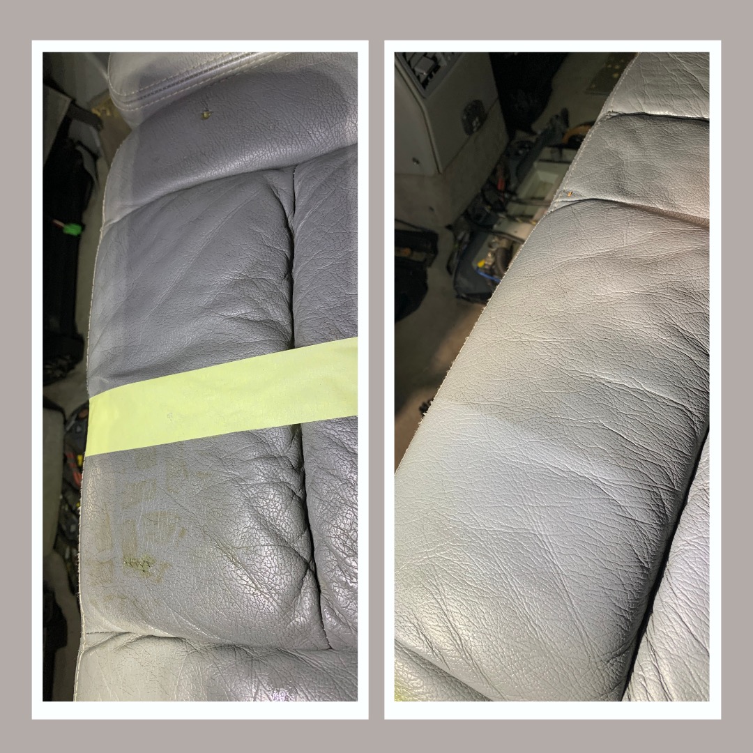 Szare skórzane siedzenie samochodowe podzielone taśmą maskującą, prezentujące efekt czyszczenia: po lewej stronie zabrudzone, po prawej wyczyszczone.
