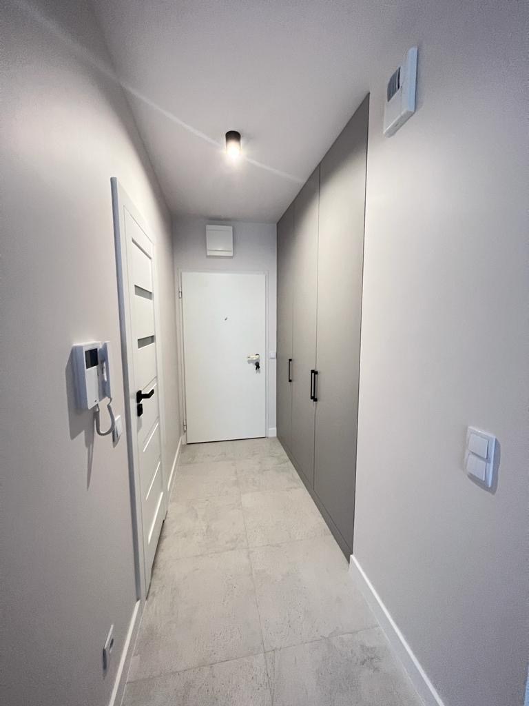 Szary korytarz z zabudowaną szafą wnękową z czarnymi, minimalistycznymi uchwytami, białe drzwi wejściowe, szara podłoga z płytek, białe ściany z włącznikami i domofonem, oświetlenie punktowe...