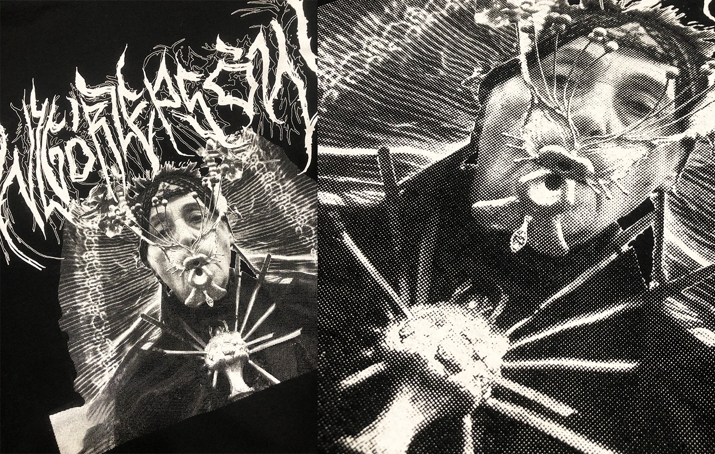 Czarno-biała grafika przedstawiająca portret z elementami surrealistycznymi, stylizowana na nadruk na odzieży, z widoczną strukturą materiału.