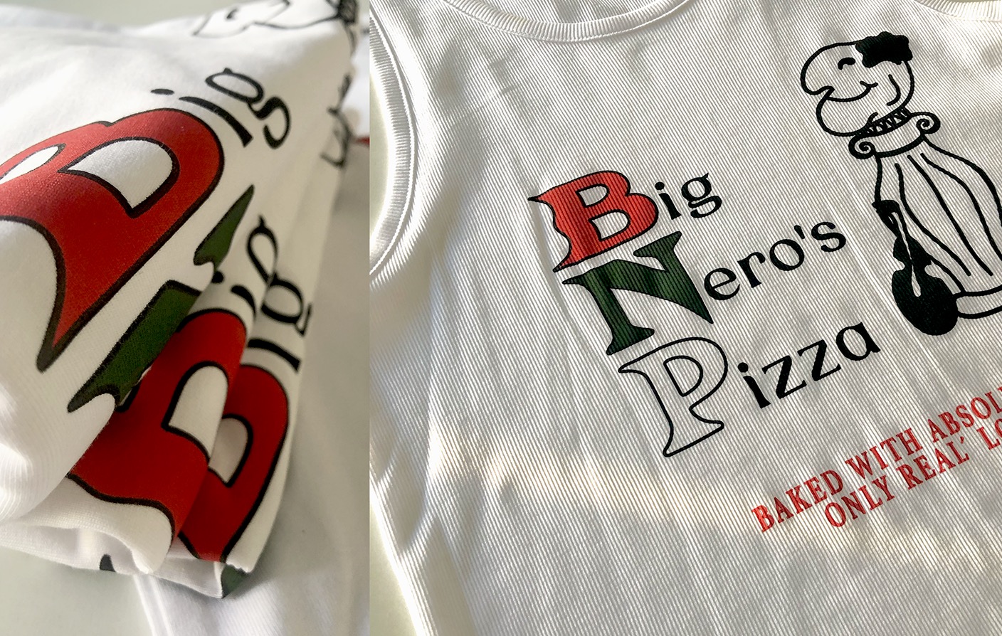 Biała koszulka bez rękawów z nadrukiem logo pizzerii 'Big Nero's Pizza', obok złożona koszulka z fragmentem tego samego nadruku, widoczne detale kolorów i tekstury.