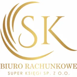Złote logo Biura Rachunkowego Super Księgi Sp. z o.o. z inicjałami SK wkomponowanymi w abstrakcyjny, półkolisty symbol.