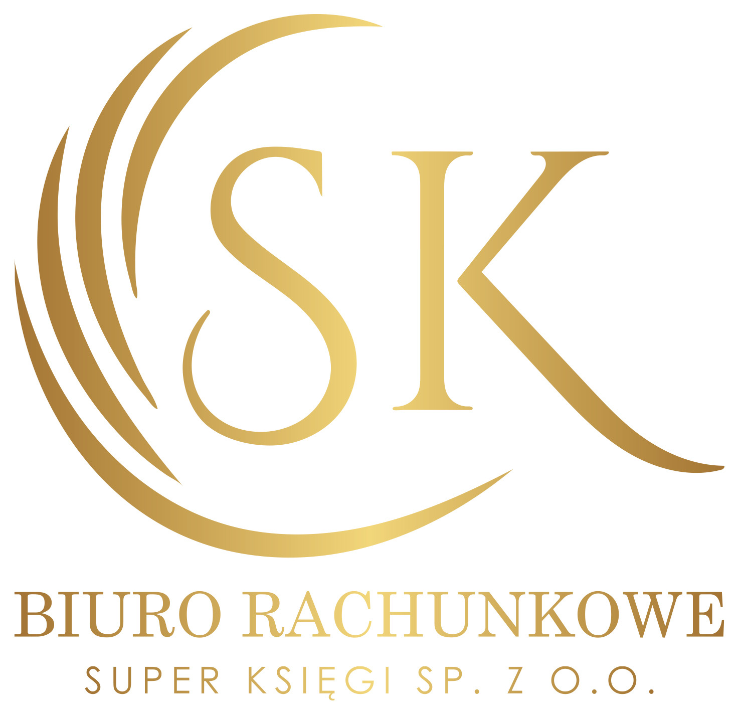 Złote logo Biura Rachunkowego Super Księgi Sp. z o.o. z inicjałami SK wkomponowanymi w abstrakcyjny, półkolisty symbol.