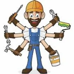 Karykaturalny, uśmiechnięty majsterkowicz z wieloma rękami, trzymający r&oacute;żne narzędzia: śrubokręt, klucz płaski, kombinerki, wałek do malowania i wiadro z farbą. Postać ubrana w niebieski...