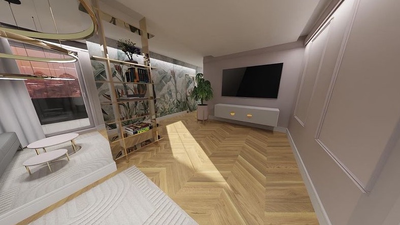 Wizualizacja salonu z parkietem w jodełkę, ścianą z motywem roślinnym, regałem z książkami, białym stolikiem kawowym i telewizorem na ścianie.