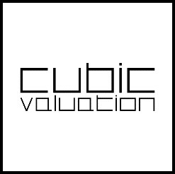 Logo firmy Cubic Valuation z geometrycznym fontem na białym tle z czarną ramką.