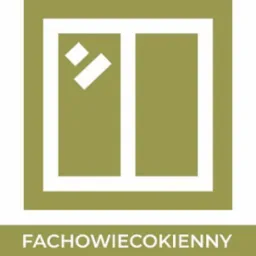 Stylizowany, oliwkowy symbol okna z białymi ramami i szybą z refleksami, poniżej nazwa 'FACHOWIECOKIENNY'.