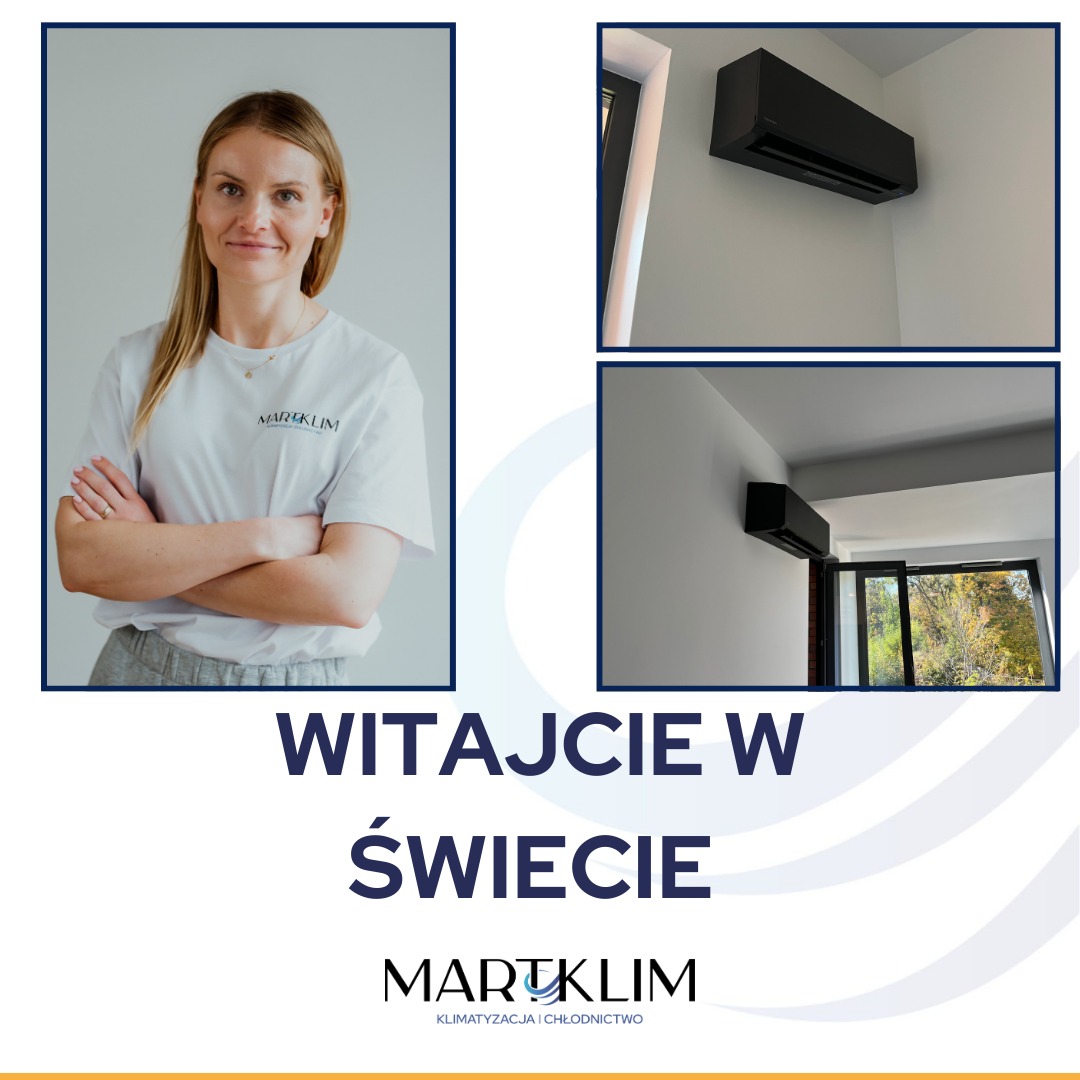 Kolaż reklamowy firmy Marteklim: portret uśmiechniętej kobiety w koszulce z logo firmy oraz dwa ujęcia zamontowanych, czarnych klimatyzatorów ściennych w jasnych wnętrzach.